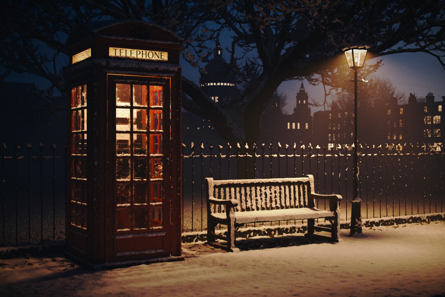 London scene with snow at night